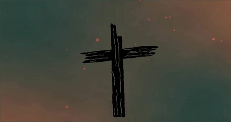 Featuring rough black cross sitting centered on painterly gradient showing orange specks and grain