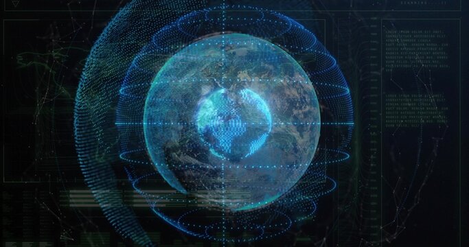 Rotating holographic Earth globe showing orbital rings and code panels in virtual control center