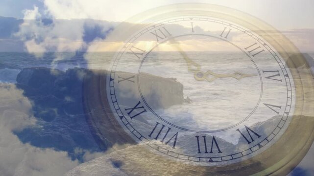 Shore shot starting translucent clock face hands ticking waves breaking showing passing time
