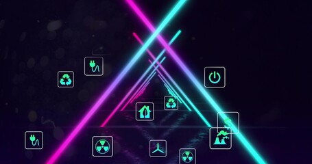 Fototapeta premium Glowing neon tunnel forming cyan magenta beams with glossy floor in void, showing energy icons