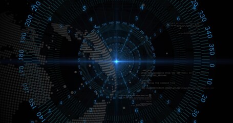 Naklejka premium Displaying blue hub and concentric rings rotating in HUD, showing dotted globe and code snippets