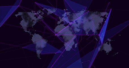 Naklejka premium Displaying dotted world map linking neon lines and triangles on indigo backdrop, glowing nodes