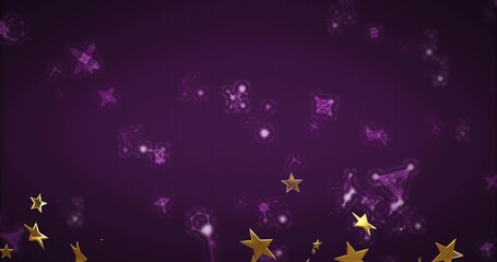 Fototapeta premium Floating metallic gold stars lining lower edge of digital wallpaper, with glowing polygon particles