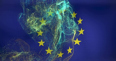 Glowing EU emblem with twelve yellow stars on deep blue field, showing teal-green-gold point-cloud
