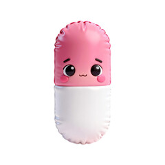 Cute 3D Cartoon Pill Character with Kawaii Face Expression Soft Inflatable Texture and Pink White Colors for Medical and Healthcare Concepts