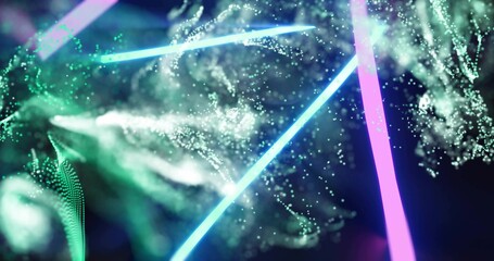 Naklejka premium Glowing neon beams and particle mesh swirling in digital art, showing cyan diagonal, magenta beam