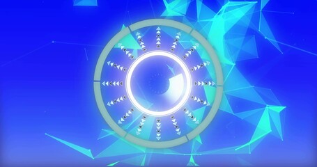 Radiating multi-ringed circular device glowing on deep blue gradient, with cyan low-poly network