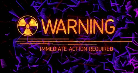 Fotobehang Buffet Displaying central WARNING alert on digital HUD with trefoil symbol and IMMEDIATE ACTION text  © vectorfusionart