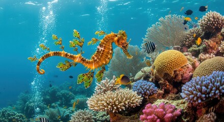Obraz premium Ornate leafy sea creature swims near vibrant tropical reef structure