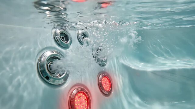 Powerful streams of water emerging from hydromassage jets in a modern jacuzzi, creating bubbles and turbulence underwater with therapeutic red led chromotherapy lights enhancing the experience