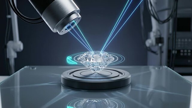 Futuristic laser equipment precisely analyzing a rotating diamond in a laboratory setting, showing a detailed assessment of the gemstone's clarity, cut, color, and carat for quality control