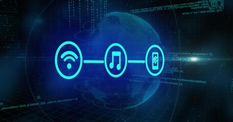 Glowing centered Wi-Fi, music note, smartphone glyphs linking across virtual dashboard with globe