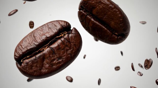 Roasted coffee beans falling down in super slow motion against a clean white background, showcasing the rich, dark, and aromatic qualities of high quality arabica or robusta coffee