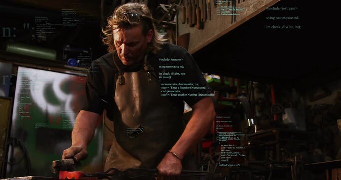 Smith holding glowing billet with tongs and hammering, forging metal, code overlays floating