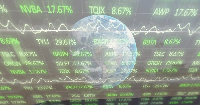 Translucent Earth rotating as data feed driving tickers rising to peaks then settling for dashboard