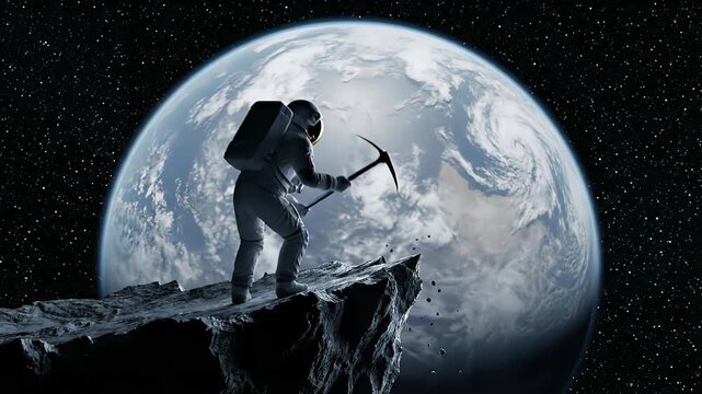 Courageous astronaut in a spacesuit using a pickaxe to mine for valuable minerals on the surface of an asteroid, with the planet earth majestically visible in the background of deep space