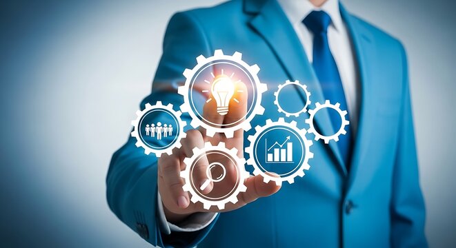 Businessman interacts with glowing digital gears representing successful business strategy implementation and innovation processes