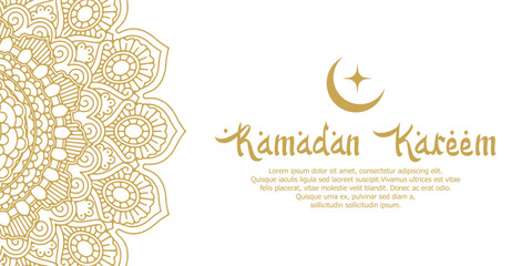 Elegant Ramadan Kareem background with arabesque geometric mandala pattern. Modern Islamic greeting card, banner and poster template design. Line art vector illustration.