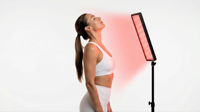Athletic woman standing in front of a red light therapy panel, receiving a facial phototherapy treatment for skin rejuvenation and anti aging benefits, isolated on a white background