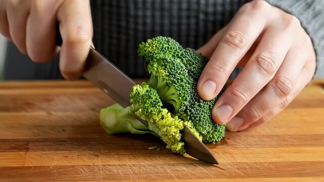 Close up view of a cook's hands carefully slicing fresh green broccoli into smaller florets with a sharp knife on a wooden cutting board, preparing a healthy and nutritious meal