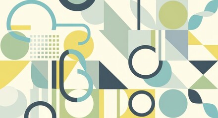 Geometric abstract pattern features shapes in soft, muted colors across a light background