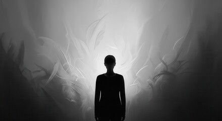 Solitary human silhouette stands against an ethereal light source amidst abstract wisps of darkness