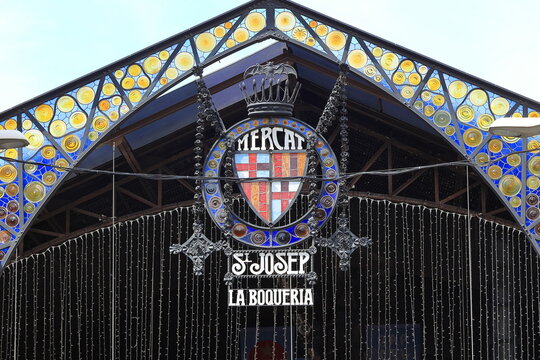 Market sign of Mercat de Sant Josep La Boqueria in Barcelona Spain,  11 july 2025.
