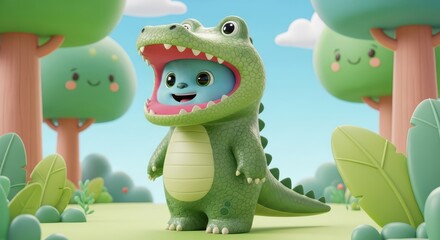 Fototapeta premium Adorable cartoon creature wearing a large reptile costume stands happily in a bright outdoor setting