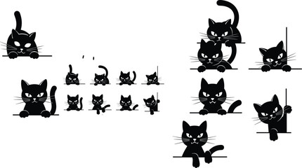 Set of peeking black cat silhouettes cad drawing flat vector illustration, isolated on white background, cute kitten head border elements, feline pet. (Exactly 22 words) © Shahin