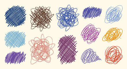 Colorful scribble and hatching textures set in a hand drawn messy pen and marker sketch style. A vector collection for creating abstract backgrounds, patterns, and modern artistic designs. © ARTIST LAB