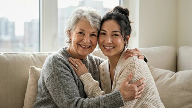 Loving elderly mother and her grown up daughter embracing and smiling together on the sofa at home, representing a beautiful multi generational family bond and expressing care and happiness