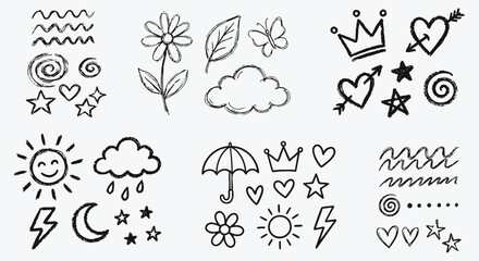 Obraz premium Cute doodle icon set with hand drawn weather, nature and love symbols in a simple black line art style. A vector illustration collection for scrapbooking, journaling, and kids' designs.