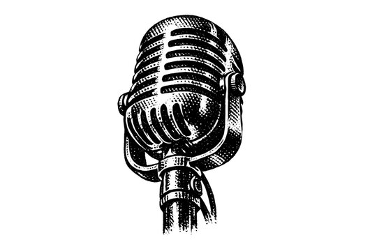 Monochrome halftone print illustration of an old-fashioned broadcast microphone viewed slightly from below, bold