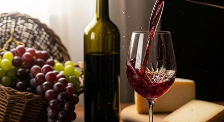Fototapeta premium Red wine being poured into glass with grapes and bottle in background