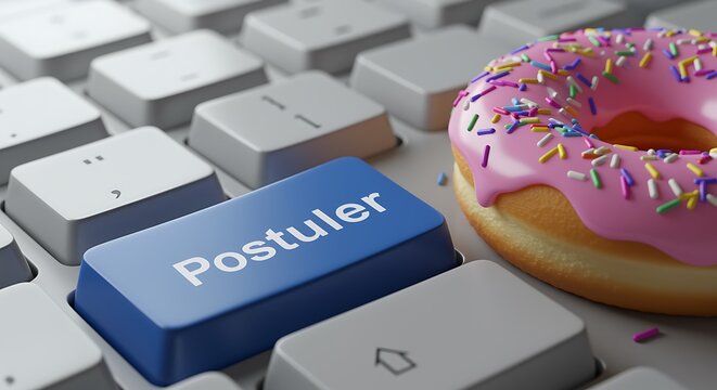 Donut with pink frosting and sprinkles on a computer keyboard