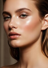 Fototapeta premium Female face exhibits flawless skin texture enhanced with subtle makeup application and radiant highlights.