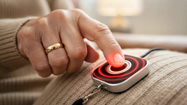 Senior person's finger pressing a red emergency alert button on a pendant for immediate help. A crucial personal safety device for seniors, providing peace of mind and swift assistance