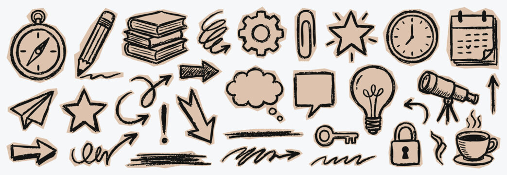 Cut out crayon Hand drawn doodle icon set with various office and creative symbols in a vintage sketch style. A vector collection for presentations, scrapbooking, journaling, and infographic designs.