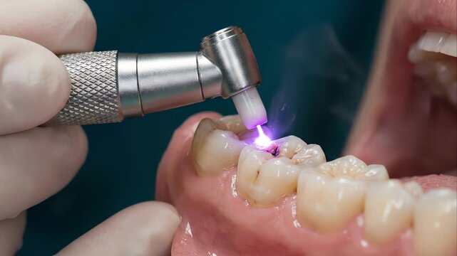 Close up view of a dental professional using an advanced laser handpiece to precisely remove decay from a molar tooth, illustrating a modern, minimally invasive caries treatment in stomatology
