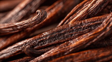 Fototapeta premium Close-up view of dried vanilla pods showcasing rich textures and deep brown colors, ideal for culinary and flavoring applications