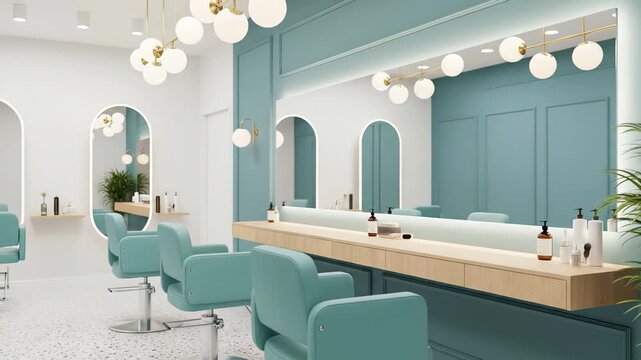 Elegant and stylish beauty salon interior featuring mint green chairs and walls, large illuminated mirrors, and contemporary lighting, creating a luxurious and welcoming atmosphere for clients