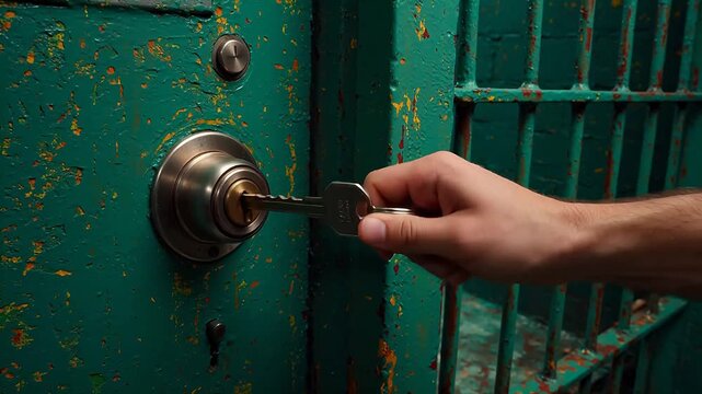 Hand unlocking green door with key