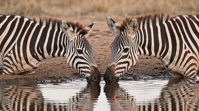 AI animated wildlife scene of two zebras drinking water together at natural pond, perfect reflection on surface, African savanna habitat, peaceful animal behavior, cinematic nature lighting