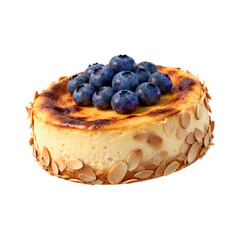 Delicious 3D Realistic Basque Burnt Cheesecake Topped with Fresh Blueberries and Almond Flakes, Gourmet Dessert Food Illustration for Bakery