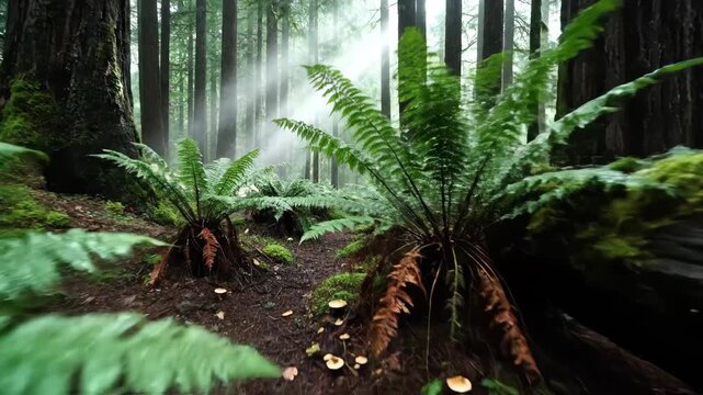 Sunbeams filtering through lush temperate rainforest floor 4K Video