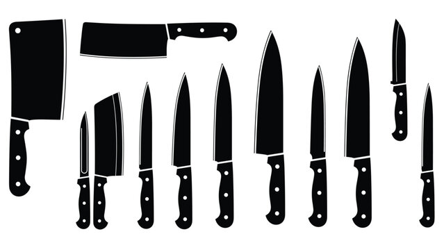 Large collection of diverse kitchen knife silhouettes is arranged in two rows for culinary and tool-related designs.