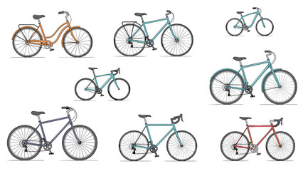 Obraz premium Diverse collection of eight different bicycles including road, mountain, and city bikes is presented in various colors for sports and leisure.