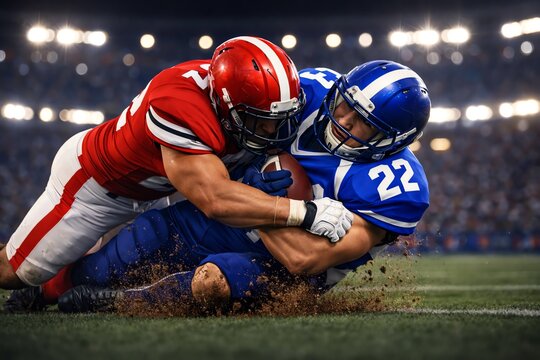Two American football players are in action during a game. The player in red, wearing helmet and pads, is tackling a player in blue, features bright stadium lights and a blurred crowd