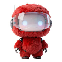 Cute 3D red furry robot character with digital eyes and futuristic visor glass isolated on white background for technology and gaming mascot