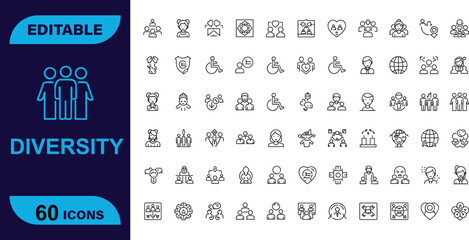 Editable 45 line icons illustrating diversity, inclusion, and people from various backgrounds working together © Metrix